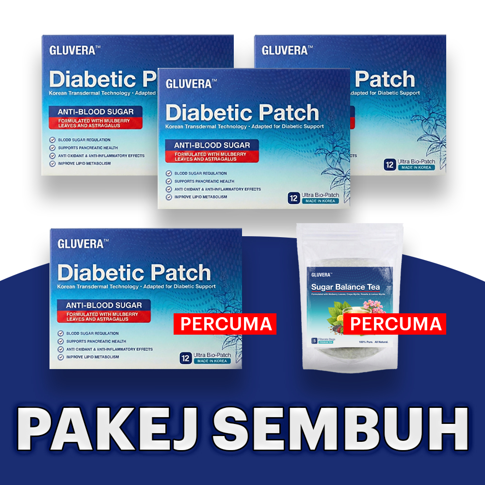 PAKEJ SEMBUH ( 3 KOTAK GLUVERA DIABETIC PATCH + FREE 1 KOTAK GLUVERA DIABETIC PATCH +FREE 1 GLUVERA TEA)