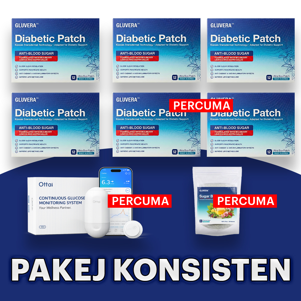 PAKEJ KONSISTEN ( 4 KOTAK GLUVERA DIABETIC PATCH + FREE 2 KOTAK GLUVERA DIABETIC PATCH + FREE 1 GLUVERA TEA + FREE GLUCOMETER )